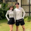 Roupa de Banho Fresca para Casal Cardigã com Zíper Manga Longa Shorts Terno Vestido de Água-viva Modelador de Barriga Roupa de Banho para Férias