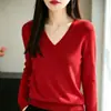 Nuevo jersey de punto con cuello en V para mujer de principios de otoño, top simple holgado de manga larga, suéter casual para otoño e invierno para usar en capas
