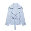 Moda Curta Estilo Europeu e Americano Roupas Femininas Atacado Cor Sólida 2026 Novo Cinto Transfronteiriço Casaco Trench Jacket Azul