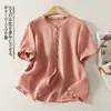 Foto Real da Nova Coleção de Verão 2026, Blusa Versátil de Manga Curta em Linho para Mulheres, Modelagem Solta Tamanho Plus Size Estilo Mãe