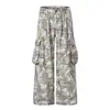 Calça de trabalho camuflada avant-garde estilo americano JIAMU, unissex, cinza, com múltiplos bolsos, design plissado, modelagem solta, perna larga, calça comprida casual