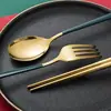 Conjunto de Talheres Portátil de Aço Inoxidável 304 Viagem ao Ar Livre Dourado Restaurante Ocidental Colher de Sopa Titânio Banhado Hashis Colher Garfo Conjunto de Três Peças