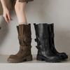 Hebilla de Cinturón Estilo Punk de Motocicleta Súper Genial Botas de Motociclista de Cuero de Vaca Invierno 2025 Botas de Caña Media Chunky de Suela Gruesa de Cuero Genuino para Mujer