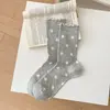 Meias com Borda Franzida para Mulheres, Meias de Cano Médio para Primavera e Outono, Estilo Fino, Estilo Doce Coreano Ins, Meias Largas Respiráveis de Malha com Bolinhas