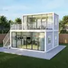 Casa contêiner com fachada cortina de vidro, escritório modular montável móvel de camada dupla com decoração, casa modular móvel