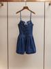 Estilo Novo Primavera e Verão Estilo Francês Simples Ajuste na Cintura Emagrecedor Moda Laço Vazado Bufante Suspensório Vestido Jeans para Mulheres