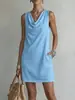 Nuevo vestido corto de mujer de estilo europeo y americano, éxito transfronterizo en TikTok, color liso, drapeado, sin mangas, cuello fruncido, con bolsillos