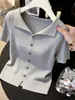 Camiseta de Manga Curta Botonê com Gola Reversível de Seda Gelada para Mulheres, Novo Estilo Verão 2026, Fashion, Rejuvenescedor, Slim Fit, Top Emagrecedor
