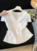 Camisa Francesa Dulce con Volantes y Cuello en V de Manga Corta para Mujer 2026 Verano Nueva Elegante Ajustada Bonita Blusa