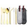 Juego de siete piezas de acero inoxidable para acampar al aire libre, portátil, de viaje, con cuchillo, tenedor, cuchara, palillos, cepillo de paja, exquisita bolsa de almacenamiento con cremallera