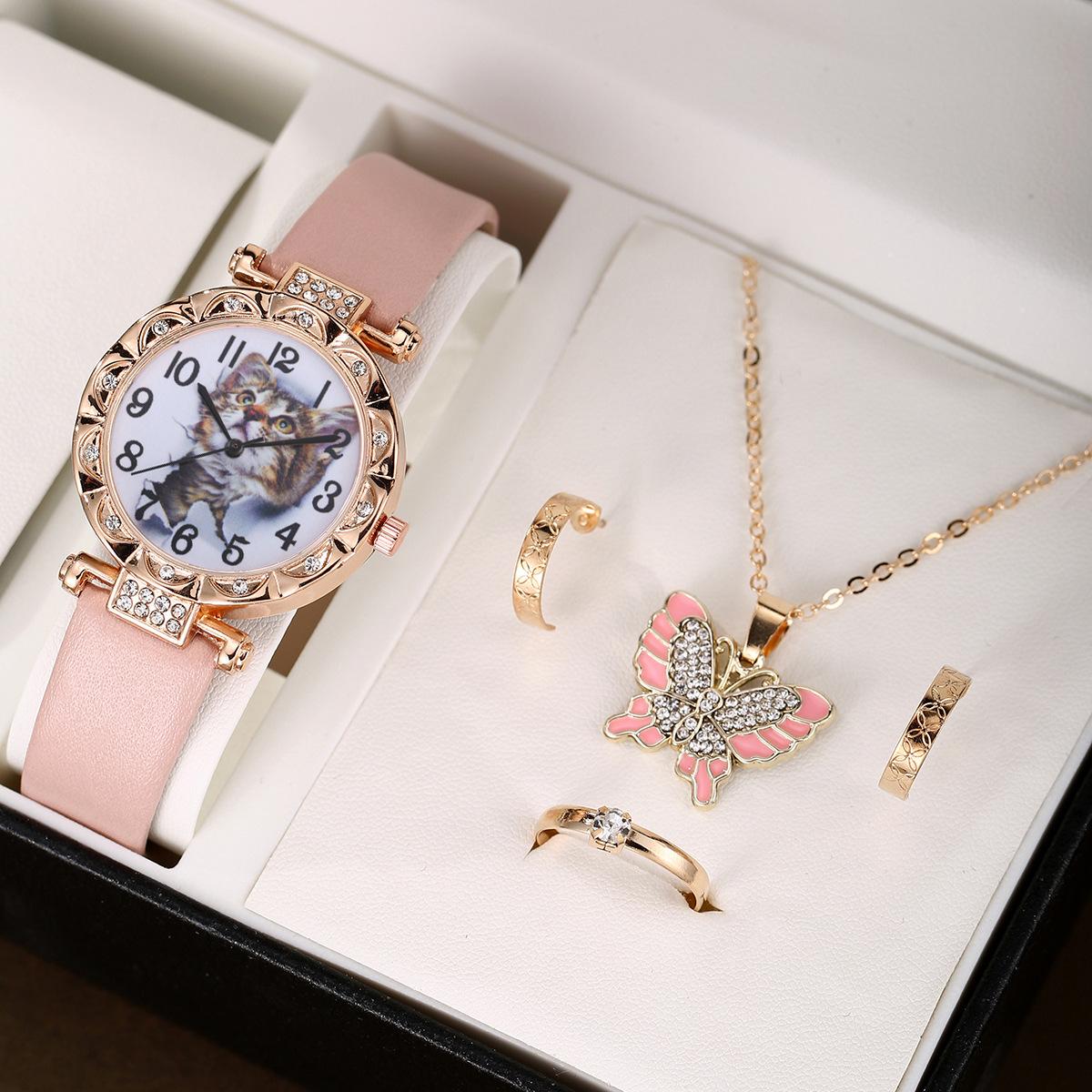 4件套粉色蝴蝶吊坠首饰套装（粉色色手表光板皮） (1).JP