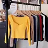 Nuevo Estilo Puro Lustre de Principios de Otoño Camiseta de Manga Larga con Diseño de Botones de Cuello Bajo Estilo Fijo que Adelgaza Top para Mujer con Estilo Adelgazante y Almohadillas en el Pecho