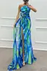 Vestido longo feminino com estampa de chiffon e fenda, modelo transfronteiriço 2024, para festa e lazer, para a Europa e os Estados Unidos