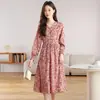 Vestido Longo de Outono Feminino Slim Estilo Francês de Alta Qualidade Acinturado Rosa Floral