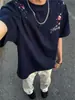 Camiseta Masculina Verão Manga Curta Bordada com Flor de Ameixa Americana Loose Trabalho Pesado Algodão Puro Jovem Casal Top