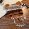 Gorro de punto con orejas de oso para mujer, con rayas de colores, cálido y protector para las orejas, para otoño e invierno, Lei Feng