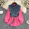 Outono e Inverno de 2023 Novo Retrô Estilo de Hong Kong elegante Vestido Camisa de Botão Único macacão de costura jeans de botão único em linha A
