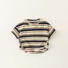 Camiseta Infantil Casual Solta Estilo Preguiçoso Listrada em Cor Contrastante Gola Redonda Manga Curta para Meninos e Meninas Conjunto de Shorts de Verão