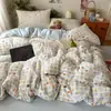 Conjunto de quatro peças 100% algodão ultrassuave Classe A, lençol e fronha de algodão puro frescos e fofos estilo ins, conjunto de três peças com elástico para dormitório estudantil
