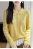 Dropshipping disponível: Cardigan de tricô gola alta de lã pura Outono/Inverno, blusa/peça externa feminina de crochê vazado de manga longa, caimento solto