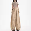 Pantalones casuales de pierna ancha con puños de diseño de cintura alta, estilo callejero americano de principios de otoño para mujer, pantalones holgados de moda que estilizan, de largo hasta el suelo