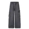 Jeans Workwear Americano Retrô Plissado para Homens e Mulheres, Novo Estilo de Verão, Multi-Bolsos, Calças Retas Soltas de Perna Larga Comprimento Total