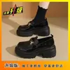Mocassins de Plataforma com Solado Grosso para Mulheres 2026 Novo Outono Estilo Britânico Sapatos de Couro Preto com Saltos Bloco e Bicos Arredondados