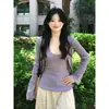 Chegou: Cardigã de tricô de outono, top cropped fino de manga longa feminino, design roxo, conjunto de duas peças