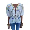 Camisa Casual Suelta de Moda Europea y Americana Nuevo Estilo Primavera y Verano 2024 Cuello en V Estampada con Cordones Mangas de Linterna Corta