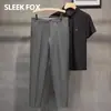 Pantalones cropped elegantes de color liso, ajustados, con forro de forro polar, versátiles, para otoño e invierno, nuevos pantalones formales de negocios casual para hombre