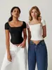 Amazon Transfronterizo Europeo y Americano Top de Mujer Ajustado Adelgazante Ombligo Color Sólido Cuello Cuadrado Camisa Básica Suave Manga Corta Cuello Cuadrado