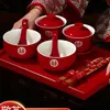 Taza de Té Boca Cambiante Juego de Boda Par de Tazones y Palillos Rojos Tazón de la Felicidad Juego de Té de Dote Suministros para Boda Copas para Brindis Colección