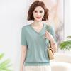 Estilo Western Verão Feminino Seda de Gelo Top Camiseta Solta Moda Feminina Meia-idade Malha Fina Camisa Manga Curta