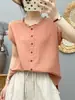 Fio de algodão lavado, camisa de manga curta para mulheres, estilo verão, design artístico e fresco, algodão macio e amigo da pele, top sem mangas