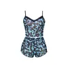 Pijama fino de malla con estampado de leopardo azul y negro, puramente deseable para mujer, con tirantes de volantes y shorts, conjunto de dos piezas sexy para casa 607