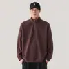 Moletom masculino de luxo leve para primavera e outono, com textura de sarja, zíper parcial, gola alta, costuras aparentes, corte solto, top casual retrô de manga longa