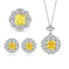 Nuevo conjunto de joyas de estilo europeo y americano, anillo, pendiente, collar, conjunto de joyas de cristal de circonita amarilla redonda de moda para mujer