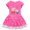 Novo Vestido Infantil de Verão 2023 Comércio Exterior Desenho Animado Porquinha Peggy Bainha com Estrelas e Luas Europeias e Americanas Manga Curta de Algodão