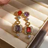 Aretes colgantes cuadrados chapados en oro real de 18k, estilo retro vintage artístico, aretes versátiles y exquisitos de moda para mujer