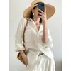 Mercadorias de Qualidade Original da Row~ Camisa de Linho Manga Longa Azul Klein para Mulheres, Estilo Solto e Relaxado Primavera/Verão com um Toque de Luxo