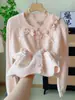 Cárdigan de punto casual estilo coreano con lazo y cuello redondo para mujer, abrigo suéter de punto de manga larga suelto para otoño e invierno, rosa, talla única