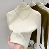 Camisa básica feminina de gola semi-alta, suéter básico de gola média, roupa de inverno para usar por baixo, jovem e estiloso, com bordas franzidas, blusa de tricô