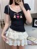 Camiseta con estampado antiedad dulce y picante para mujer, estilo extranjero de verano, manga corta con lazo de encaje, top pequeño único y elegante