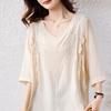 Camiseta de manga corta de algodón y lino para mujer, disponible en stock, estilo verano 2025, cuello en V, corte entallado.