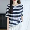 Camiseta de Manga Corta de Punto Rayada Estilo Coreano con Letras de Lyocell, Nueva de Verano, Delgada y Versátil