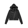 Sudadera Cardigan con Capucha y Cremallera Diagonal con Cuello de Piel para Mujer 2025 Nuevo Estilo Retro Sexy Chaqueta Corta Ajustada