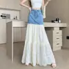 Falda de Encaje Nebuloso Estilo Verano de la Hermana Xiaoyu con un Diseño Elegante, Patchwork de Mezclilla, Falda Media de Encaje Multicapa para Mujer