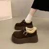 Sapatos de Algodão com Plataforma Aumentadora para Celebridades da Internet Retrô para Mulheres 2025 Novo Inverno com Forro de Lã Espessados Quentes Birkenstock Sapatos Peludos