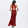 Nuevo Vestido Largo Estampado de Cuello Halter sin Espalda de Venta Caliente Transfronteriza Europeo y Americano Estilo Chica Sexy Caliente con Cinta y Abertura