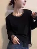 Camiseta de Renda com Tela Gola Redonda Elástica Slim Fit para Mulheres Primavera e Outono Novo Estilo Coreano Retrô Simples Camiseta Básica Top A9420